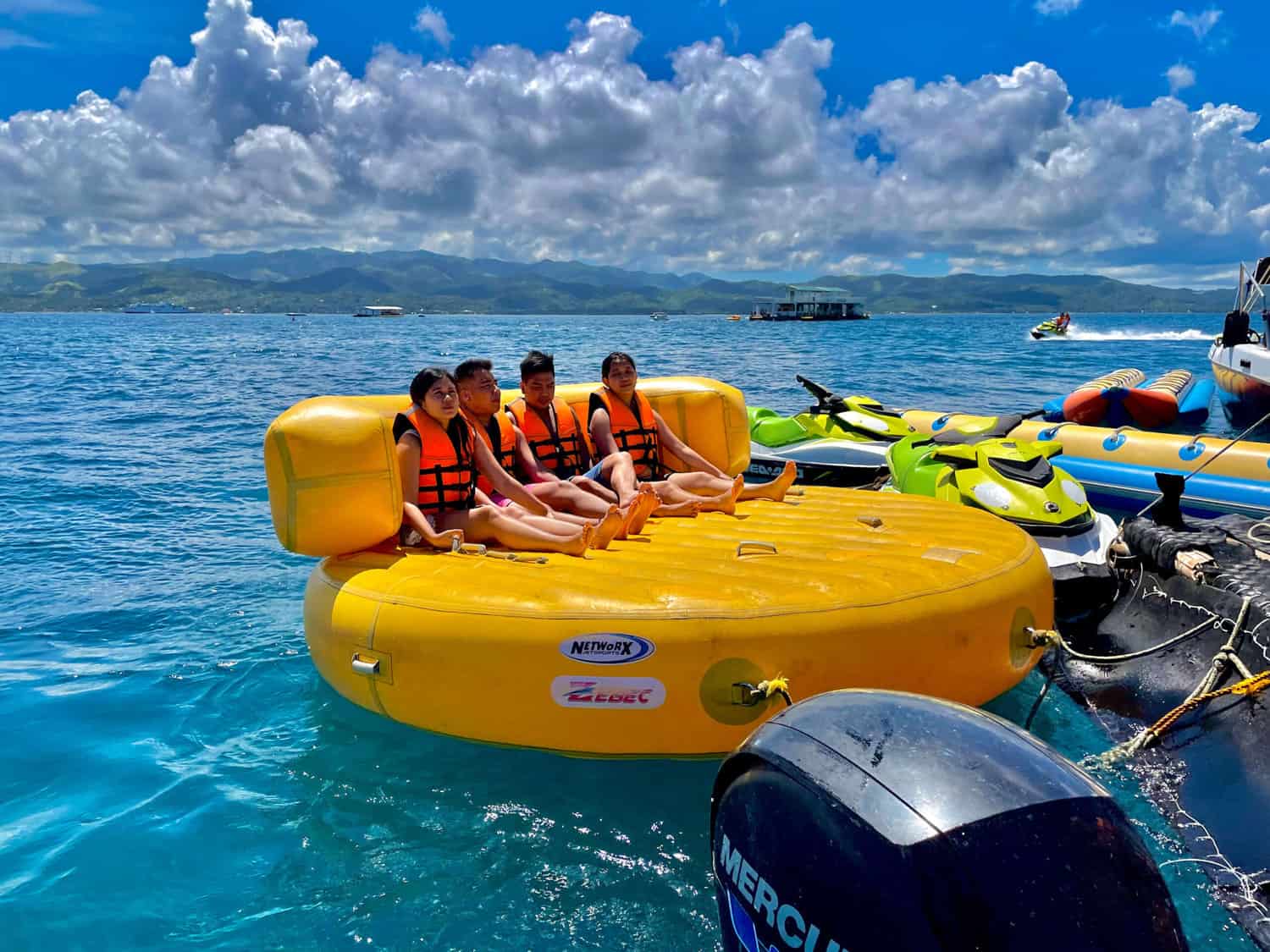 Our group on an inflatable UFO ride in Boracay.