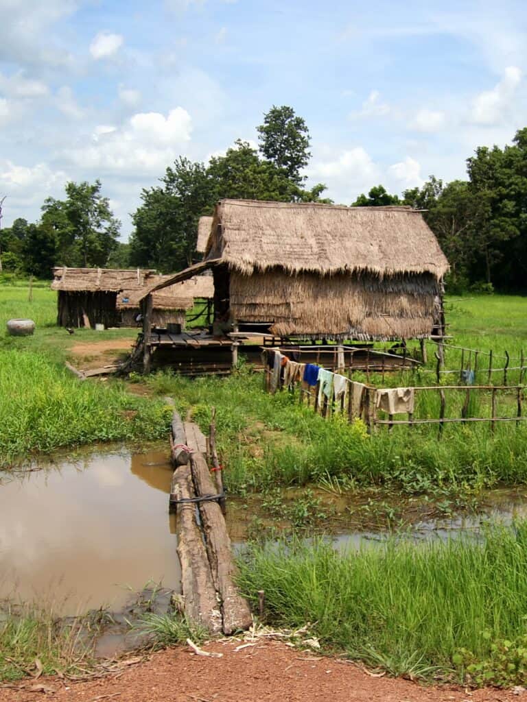 Traditional Cambodian huts amidst lush green rice paddies, highlighting rural life and the agricultural cycle as the basis of the Khmer New Year 2024.