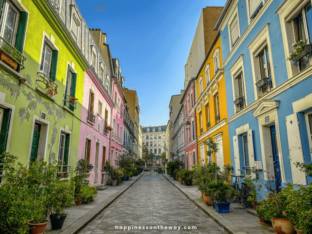 Colorful houses lining Rue Cremieux, the most colorful street in Paris and one of Paris hidden gems.