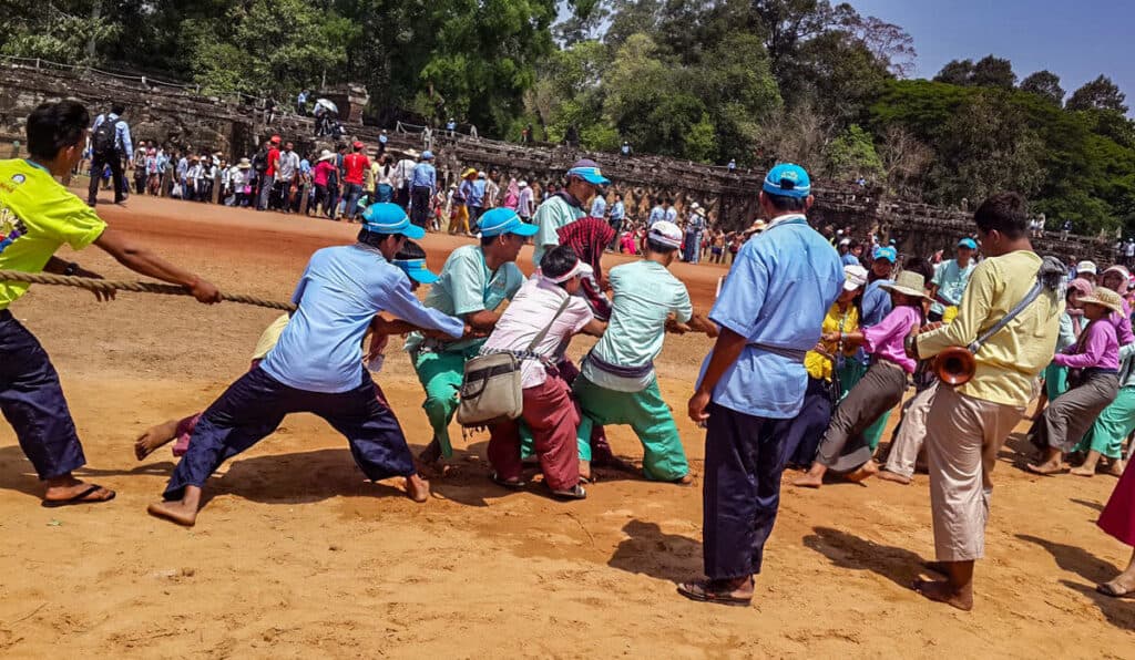 Participants in a traditional Tug of War game, one of Khmer New Year Traditional Games.