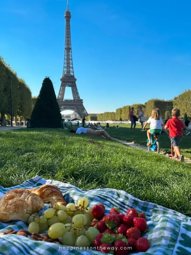 A clear day at Champ de Mars with a view of the Eiffel Tower. The foreground shows a picnic cloth with croissants, grapes, and strawberries, with people and children enjoying the park around.