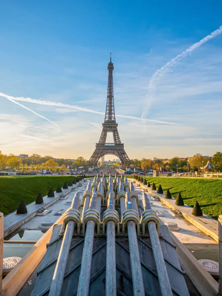 Morning view of the Eiffel Tower from the Trocadéro fountains with their powerful water cannons leading towards the iconic structure, against a backdrop of a clear blue sky with delicate cloud patterns.