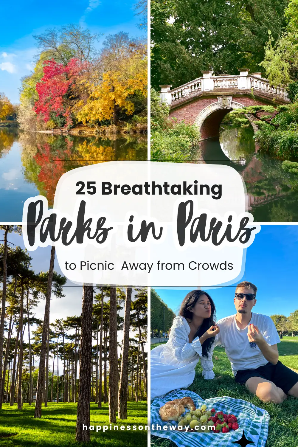 a blog post featuring 25 Best Parks in Paris, with a collage of park scenes: autumn foliage reflected in water, a serene bridge over a park stream, tall pines, and a couple picnicking with the Eiffel Tower in the background. 