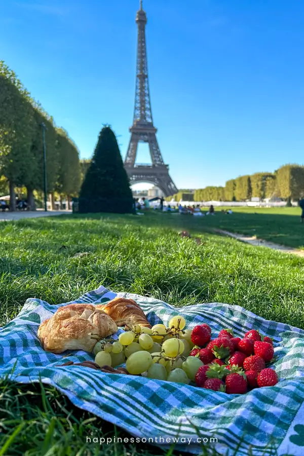 A closer view of a picnic at Champ de Mars, a picnic place in Paris, showcasing a checkered cloth with flaky croissants, grapes, and ripe strawberries, with the iconic Eiffel Tower blurred in the background.