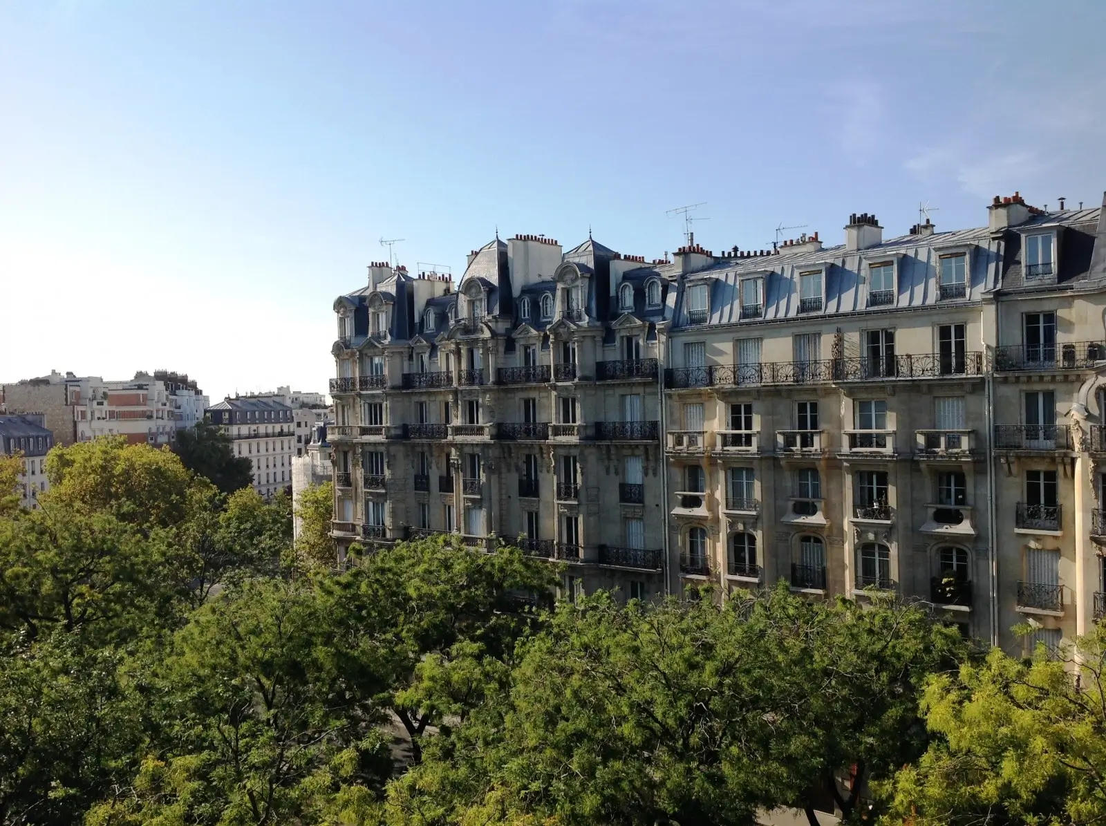 Classic Parisian architecture framed by lush greenery, as viewed from Hotel du Printemps in Paris, showcasing the harmonious blend of historic urban charm and verdant nature.