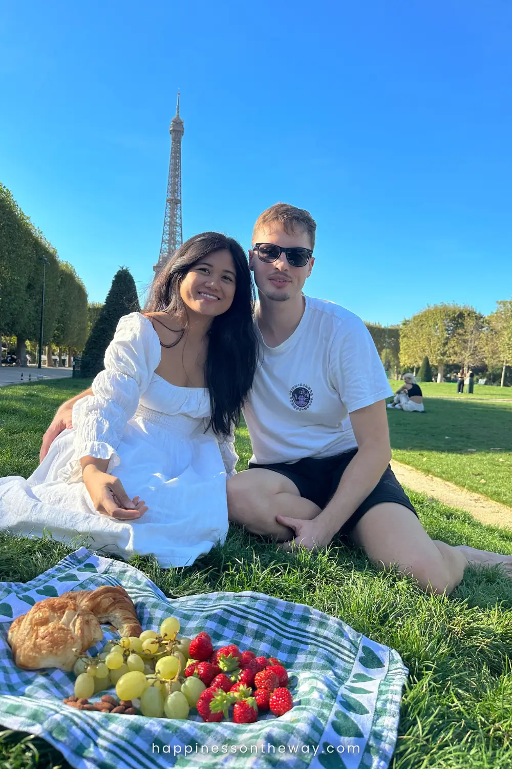 Our picnic in Champ de Mars park, enjoying a picnic with fresh strawberries, grapes, and a croissant, with the Eiffel Tower towering in the background on a clear blue-sky day in Paris.