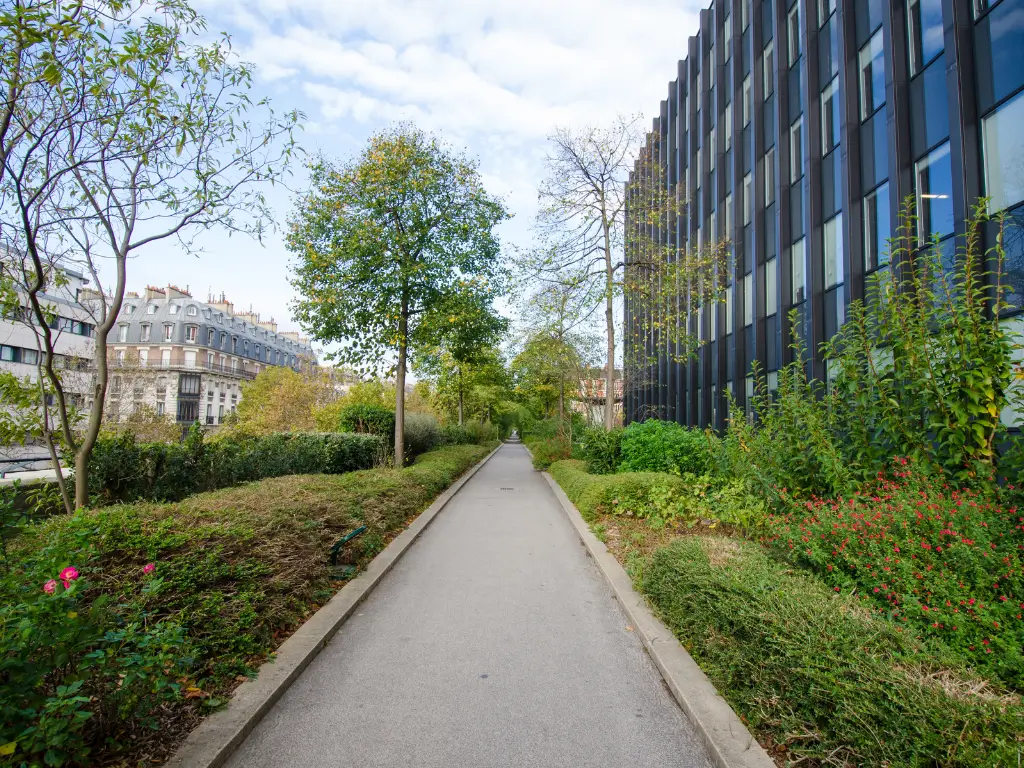 A peaceful pathway on the Promenade Plantée in Paris, with lush greenery on one side and the modern facade of a building with reflective windows on the other, contrasting the city's historical charm with contemporary architecture.