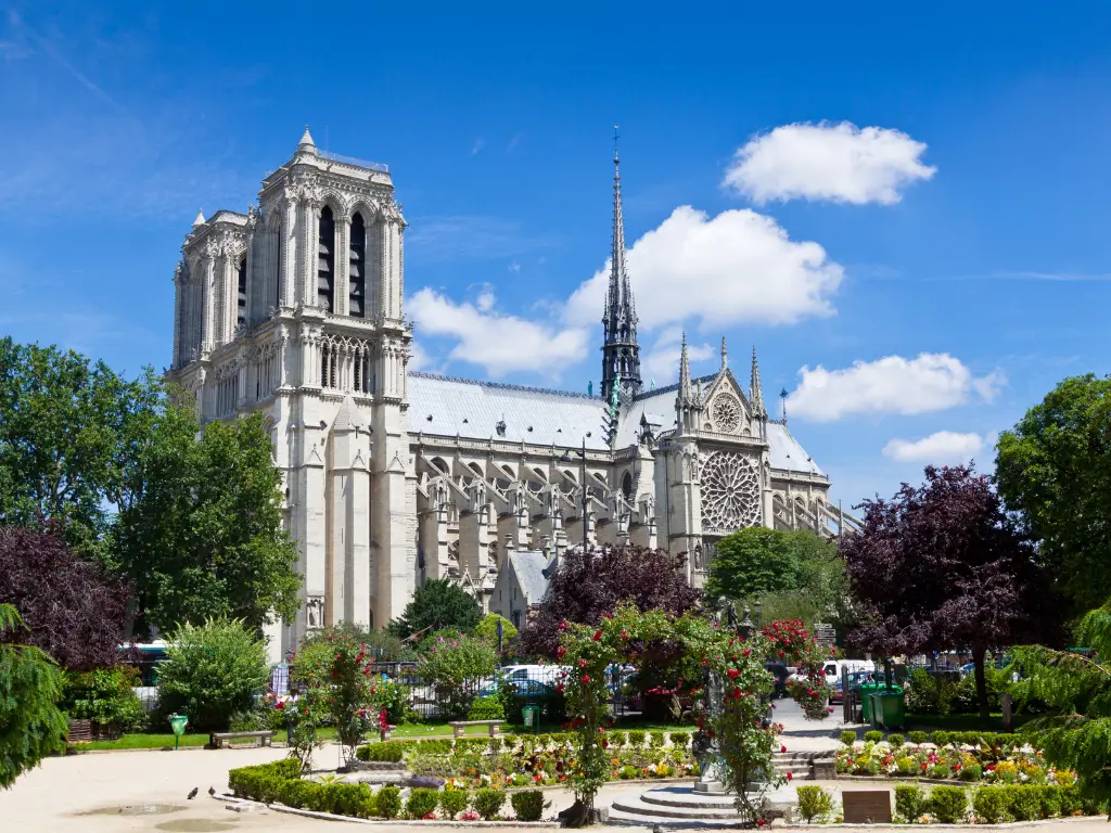 Square René Viviani is one of the best parks in Paris with view with the historic Notre-Dame Cathedral as a backdrop, its Gothic architecture and spire towering above surrounding trees and blooming flower beds under a clear blue sky