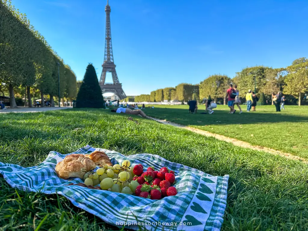 A picnic at the Eiffel Tower with a close-up of fresh grapes, strawberries, and croissants on a blue and white checkered cloth, and leisurely park-goers in the blurred background on a sunny day. 