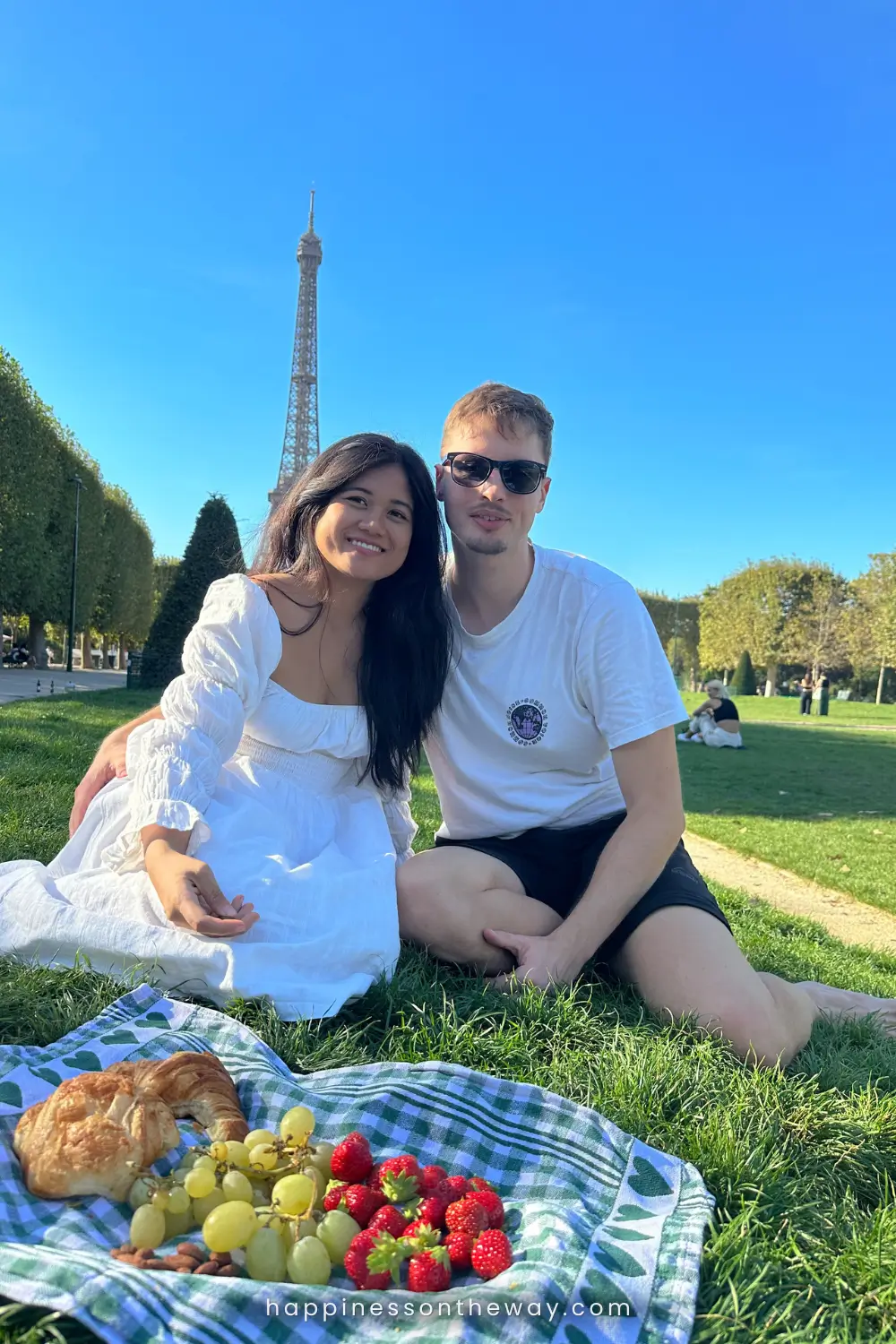 Me and Maton in a sunny picnic at the Eiffel Tower. In the foreground, a checkered cloth holds a croissant, grapes, and strawberries on grass.