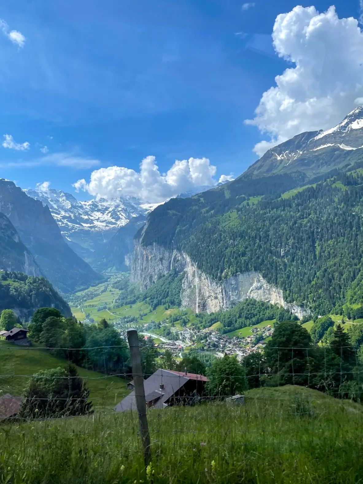 Lush green valley and traditional Swiss houses in Grindelwald with snow-capped mountains in the distance