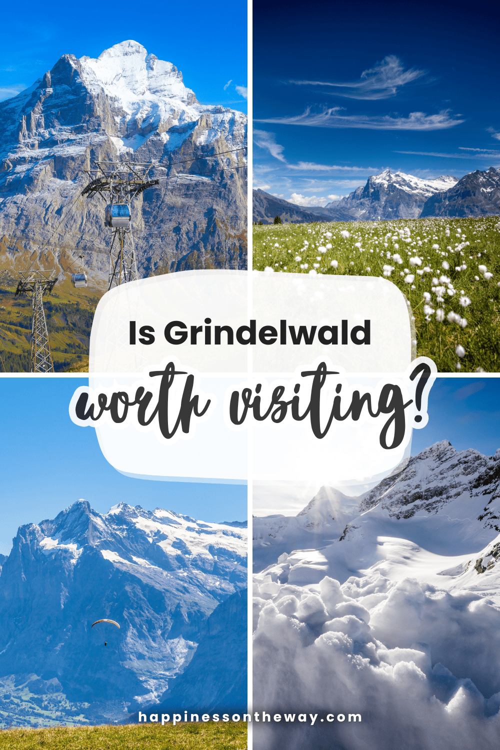 Collage of Grindelwald's stunning landscapes featuring the iconic Eiger mountain, a cable car, a paraglider, and snowy vistas.