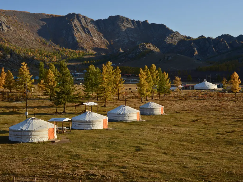 Traditional Mongolian yurts on an open field with a mountainous backdrop in Mongolia, inviting a unique slow travel experience.