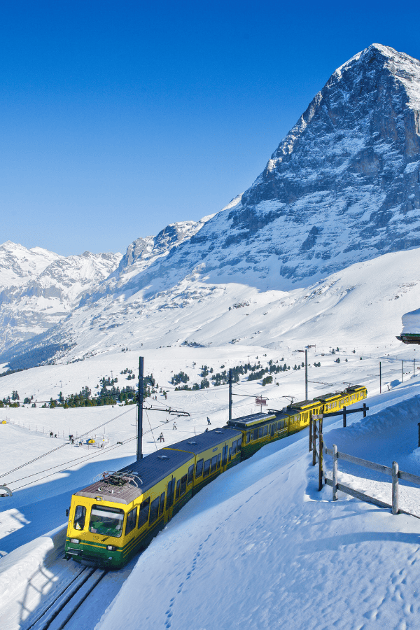 Iconic green and yellow train ascending through the snowy landscape of Grindelwald with the imposing Eiger mountain in the background.