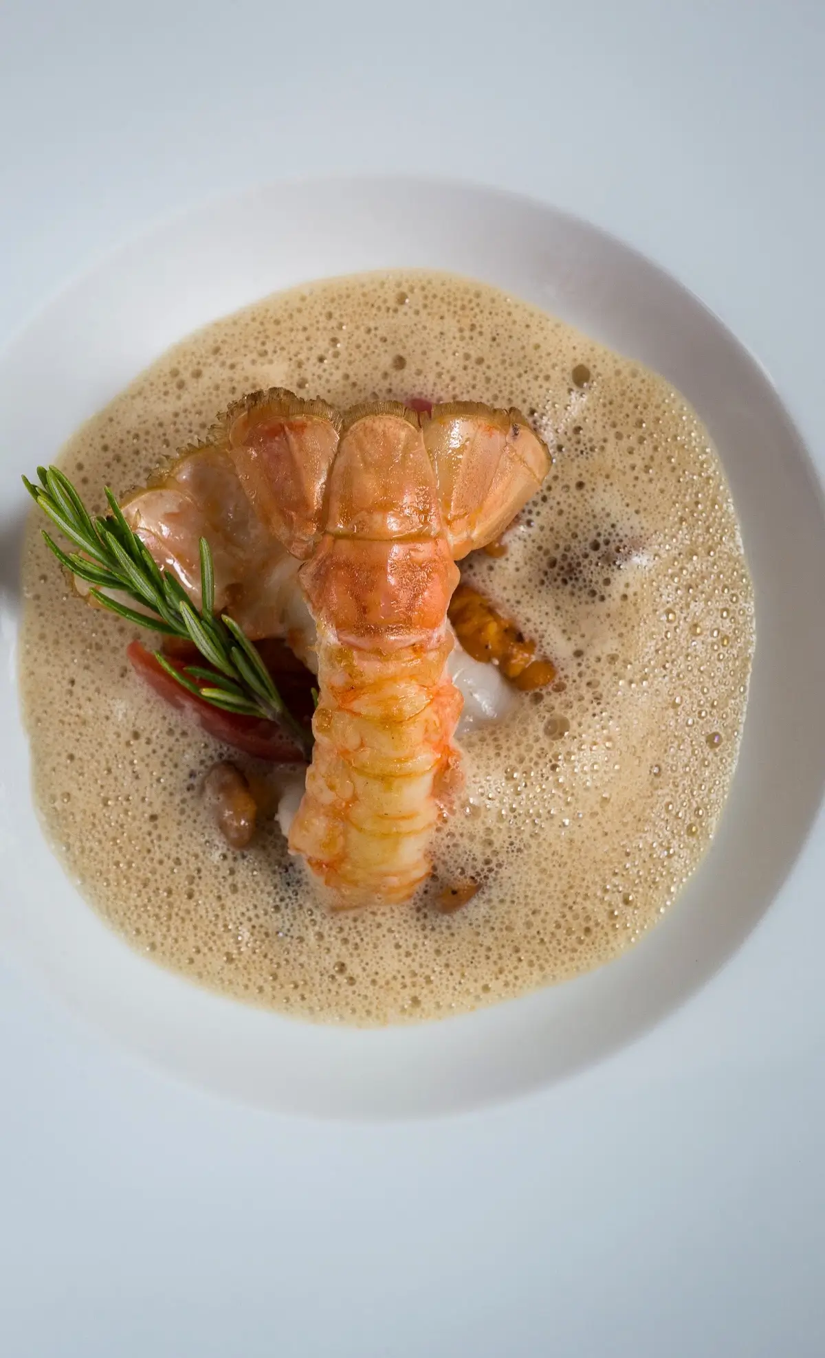 A gourmet dish at Automne, featuring a beautifully plated prawn with foam and garnish.
