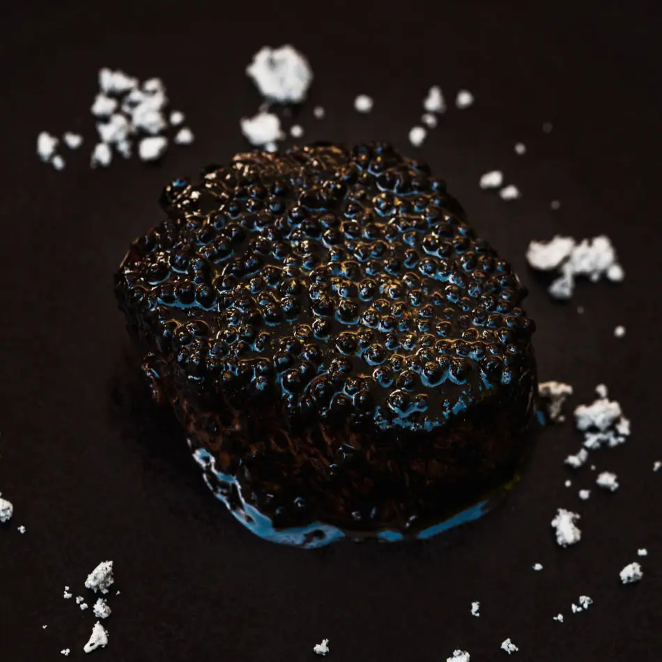 Close-up of a black beef dish with caviar at Villa9Trois, a Michelin Star restaurant in Paris.