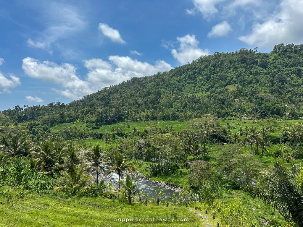 A mountain, rice terraces and a river in Sidemen Bali