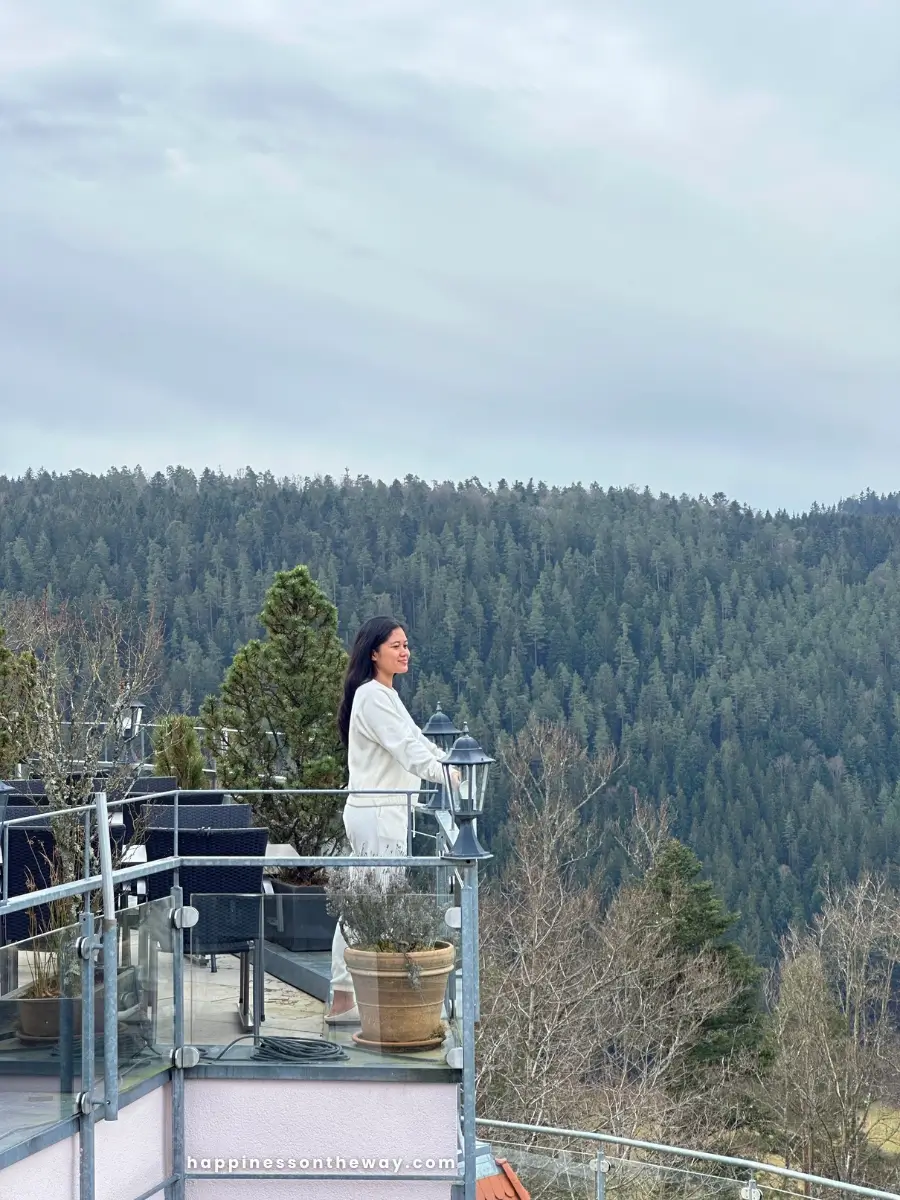 Me on a glass-railed terrace, gazing at the vast expanse of a dense, green Black Forest in the distance.