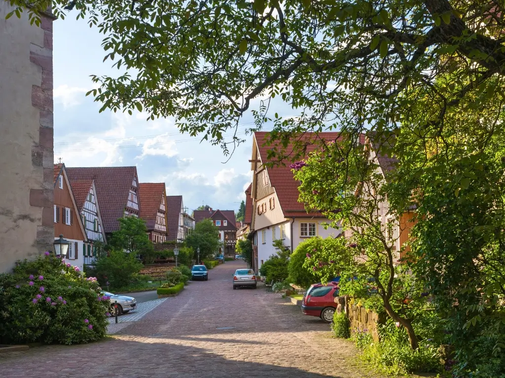 Old timber lined houses and a cobblestone street