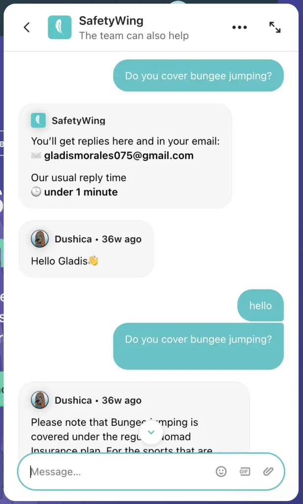 A conversation with SafetyWing Customer Support about bungee jumping coverage