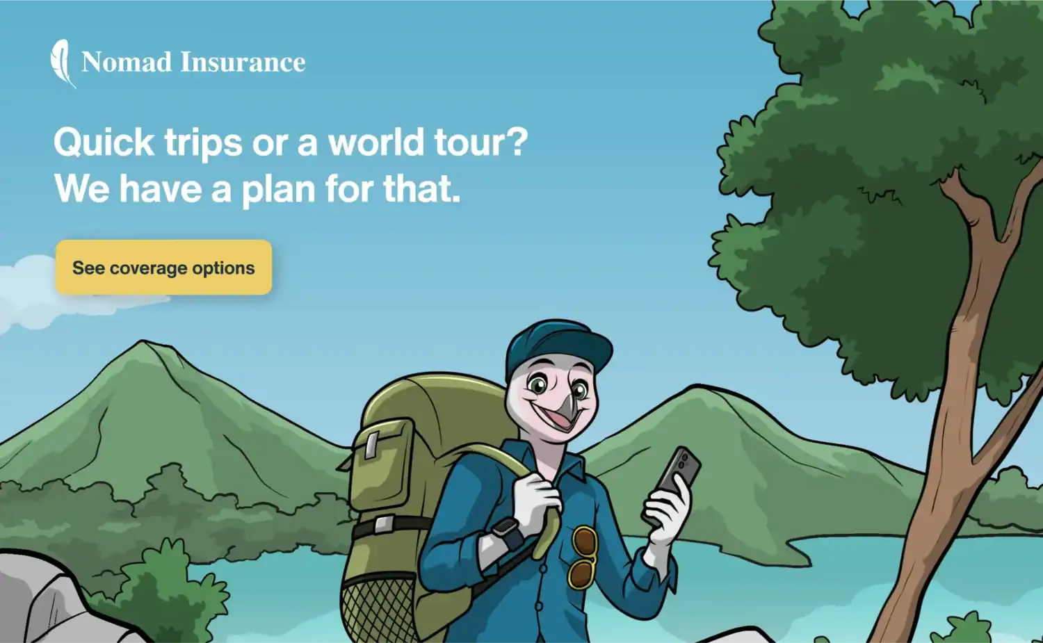 Illustrated promotional banner for Nomad Insurance featuring a smiling cartoon bird character dressed as a traveler, holding a smartphone and wearing a backpack.