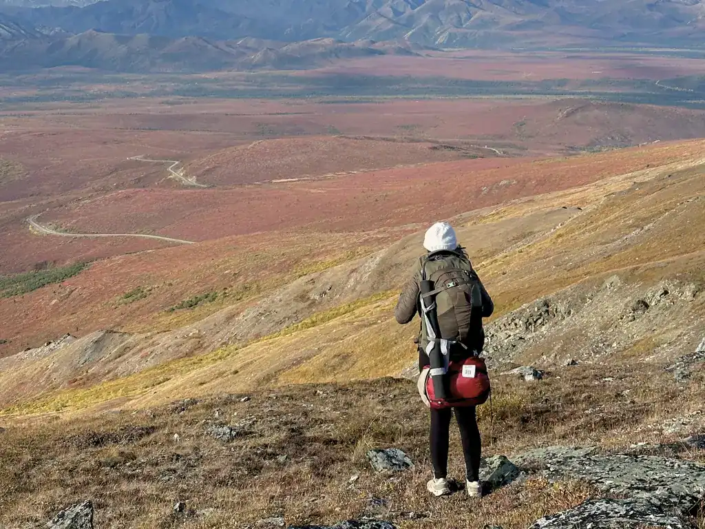 A solo hiker with a large backpack and white hoodie stands on a rocky hillside, overlooking a vast, colorful tundra landscape with winding trails and distant mountains under a clear sky.