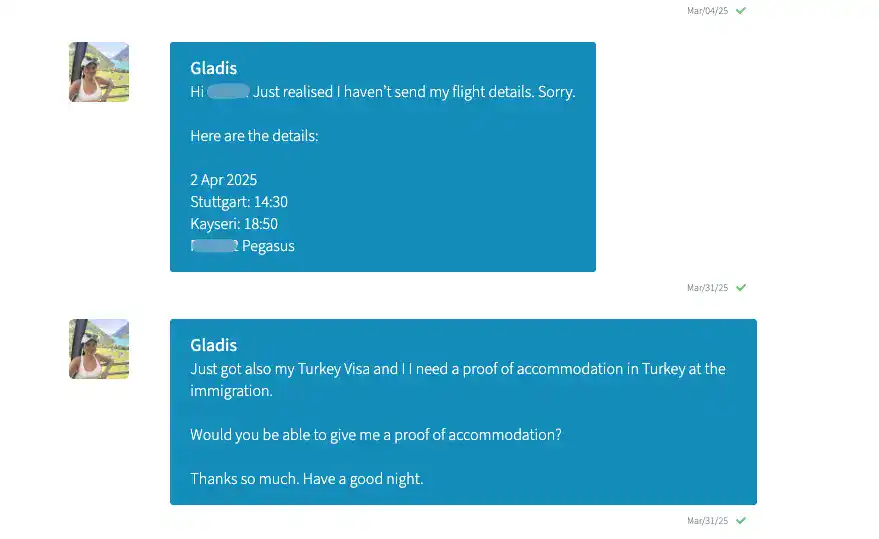 Screenshot of a volunteer messaging a Worldpackers host to confirm flight details and request proof of accommodation.