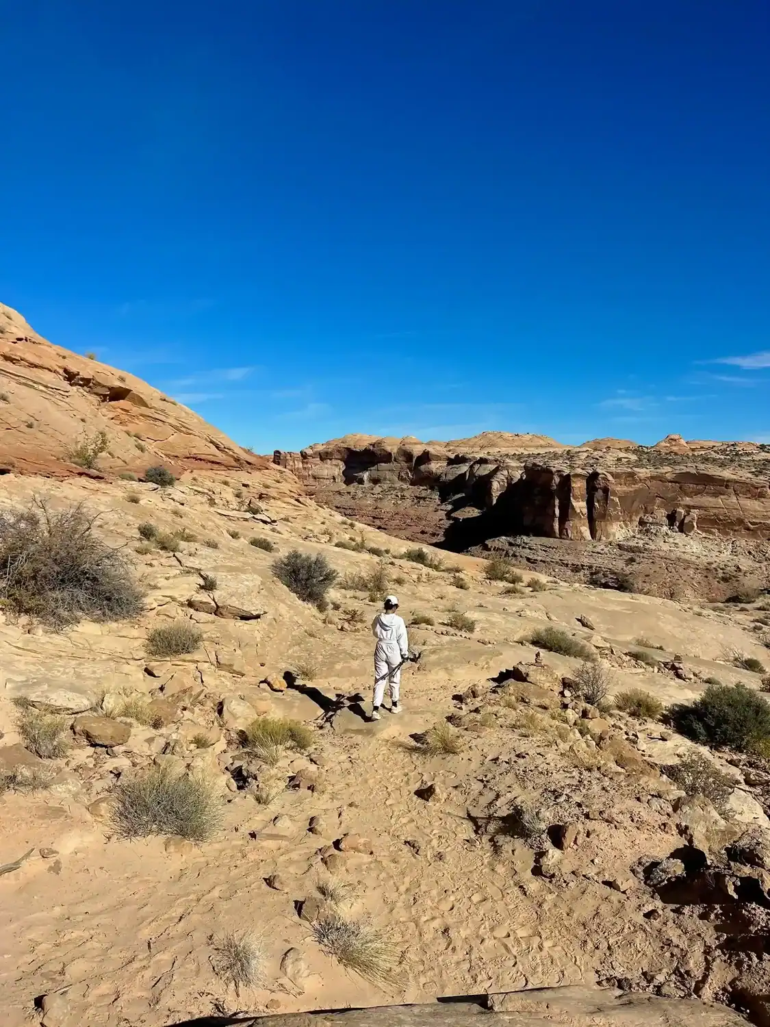 A traveler walking alone through a desert trail under clear blue skies in the American Southwest, illustrating the contrast between slow travel vs fast travel.