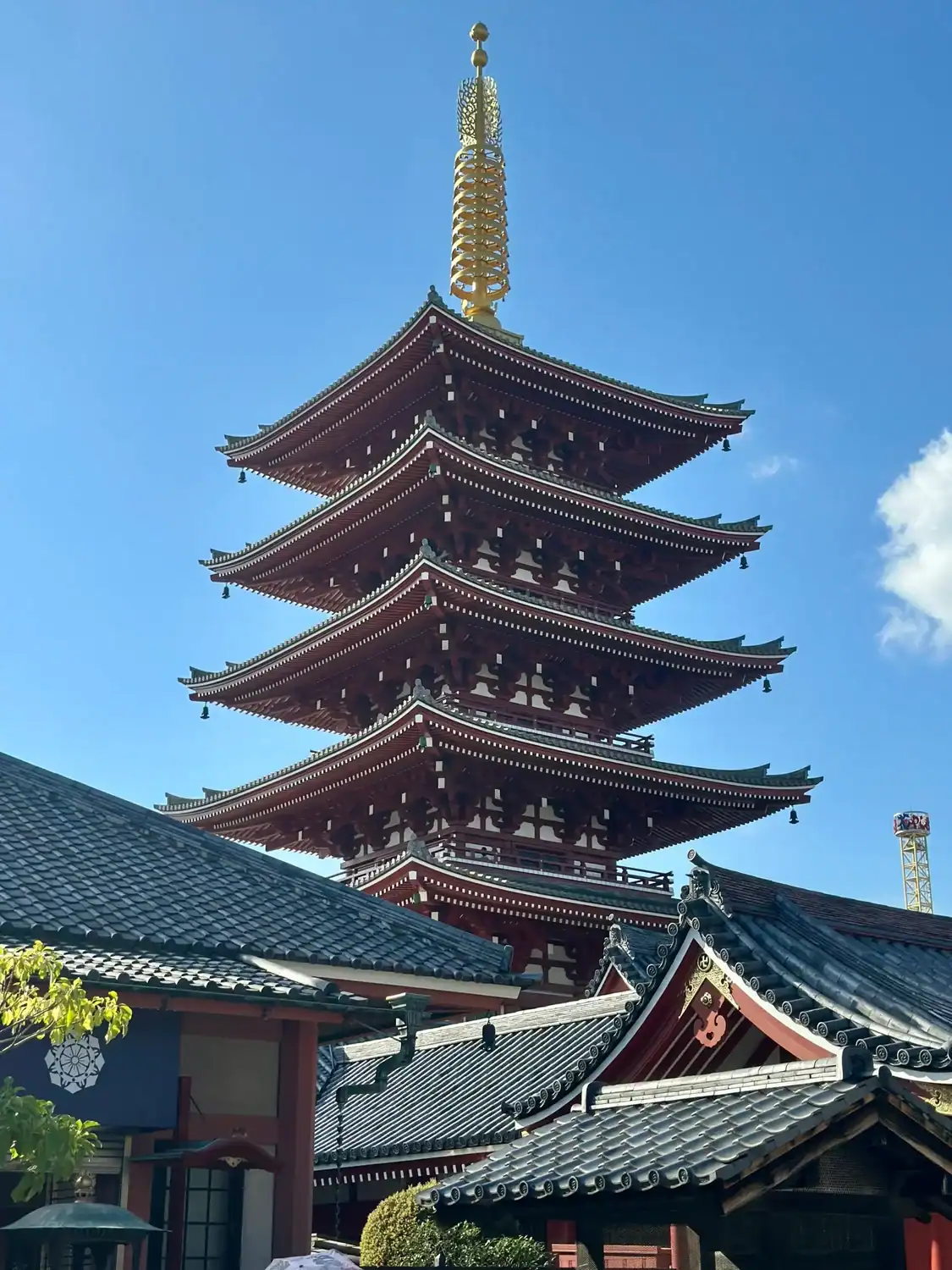 Five-story pagoda at Senso-ji Temple in Asakusa, Tokyo, under a clear blue sky