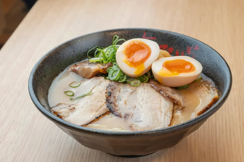 A bowl of ramen with soft-boiled eggs, sliced chashu pork, green onions, and rich broth served in a black bowl on a wooden table during a Kyoto ramen cooking class.
