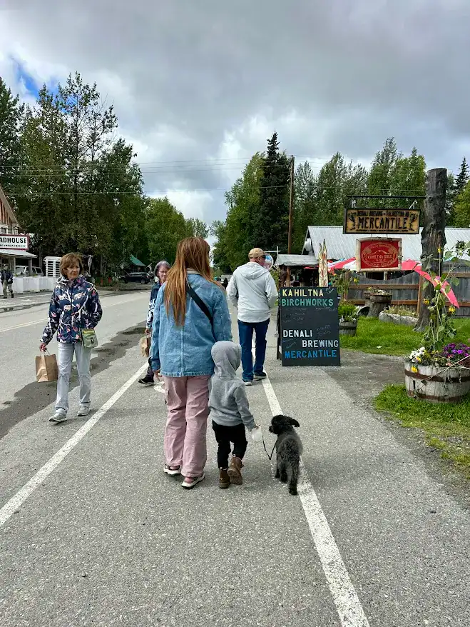 Adults, children, and a black dog on the road of Talkeetna, Alaska, where signs pointing to Kahiltna Birchworks and Denali Brewpub can be seen.