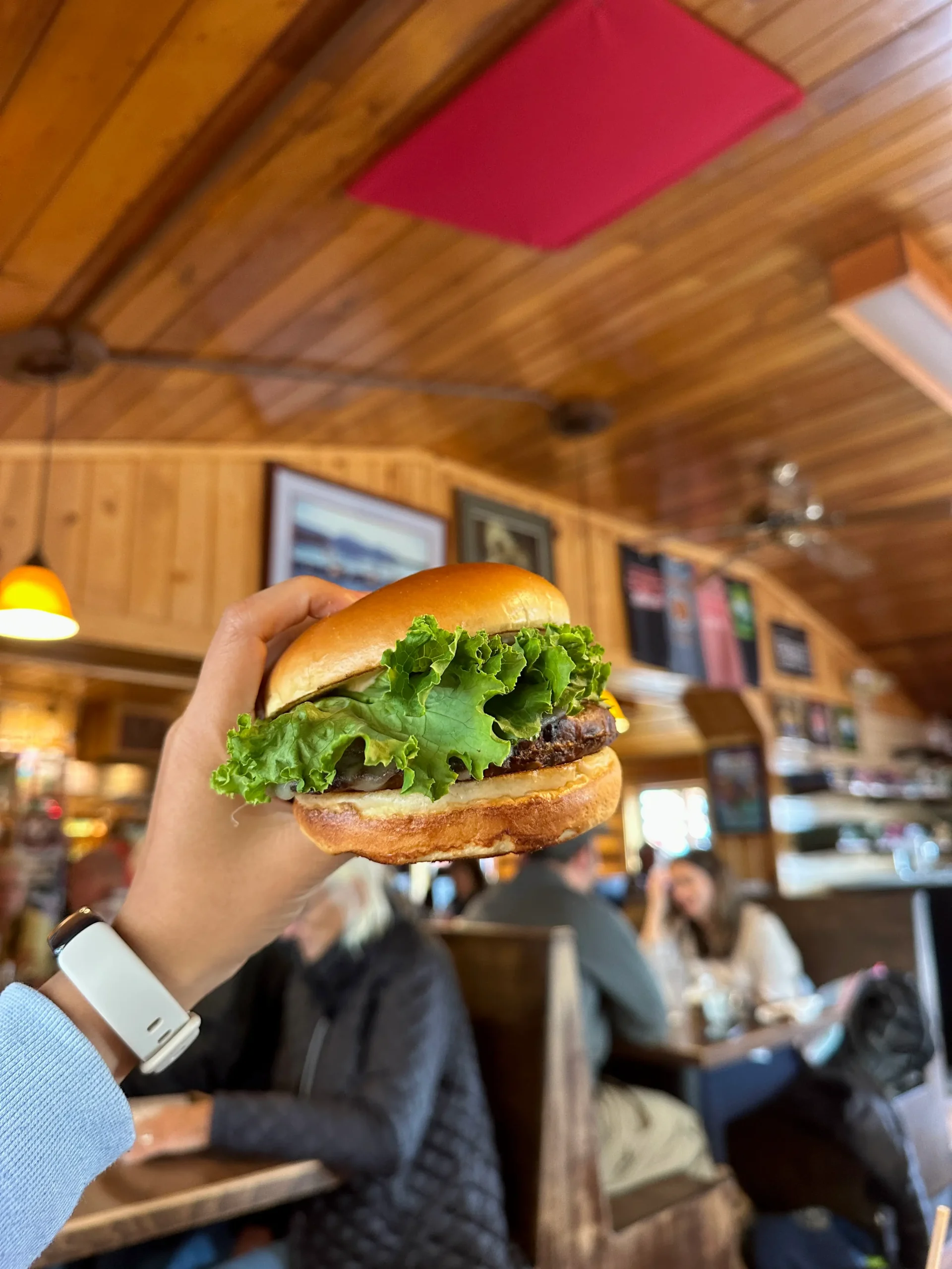 A hand holding a burger inside the cozy wooden dining area of Talkeetna Roadhouse, with diners chatting in the background.