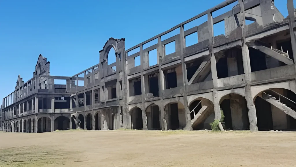 Ruins of a large concrete building on Corregidor Island, showing open archways and empty window frames under a clear blue sky.