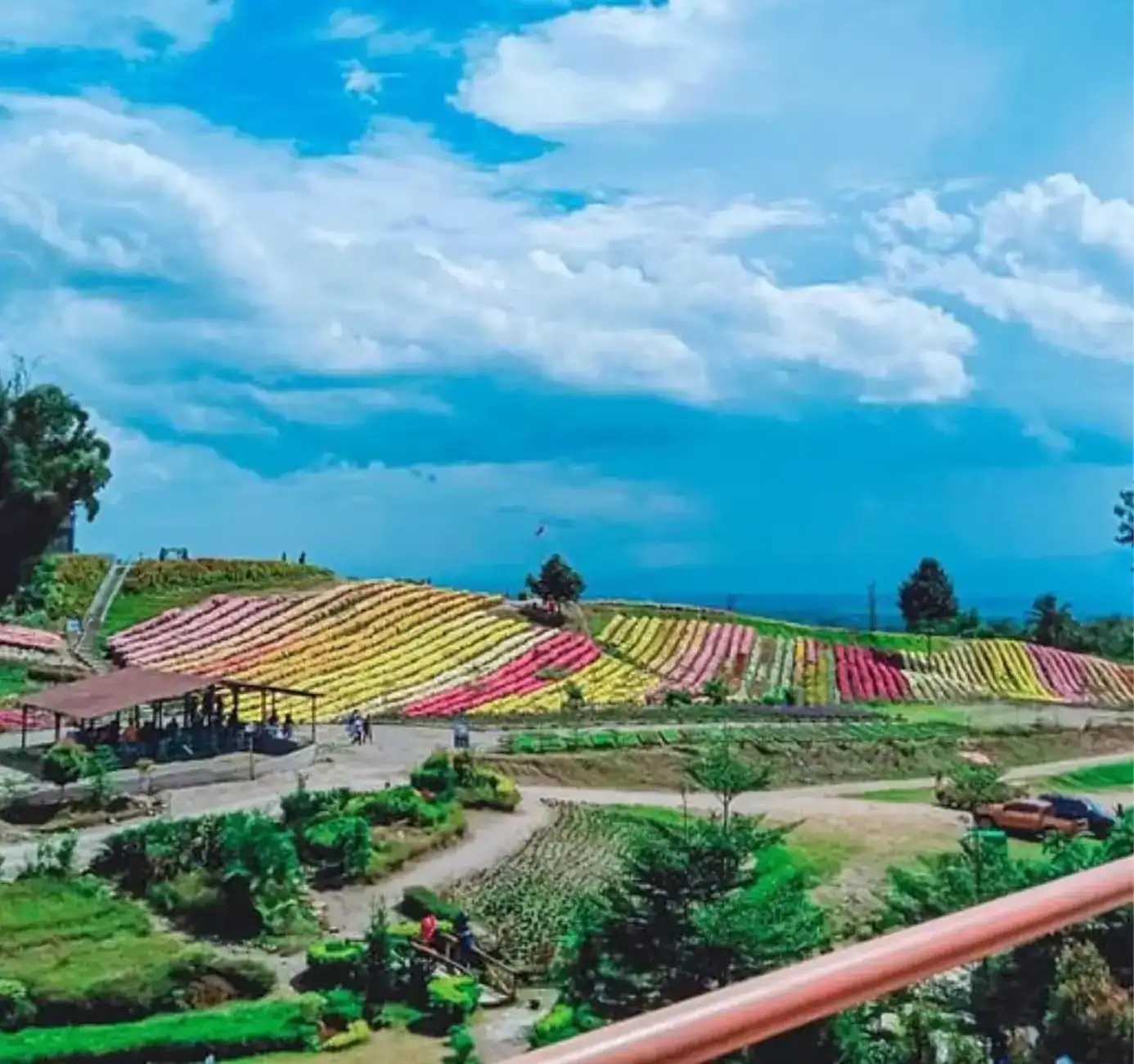 A snapshot of Eden Nature Park, one of the most popular tourist spots in Mindanao and Davao City, specifically. Near the foreground is a lush green landscape and paved roads, while the background is lined with orange, yellow, and red meadows.