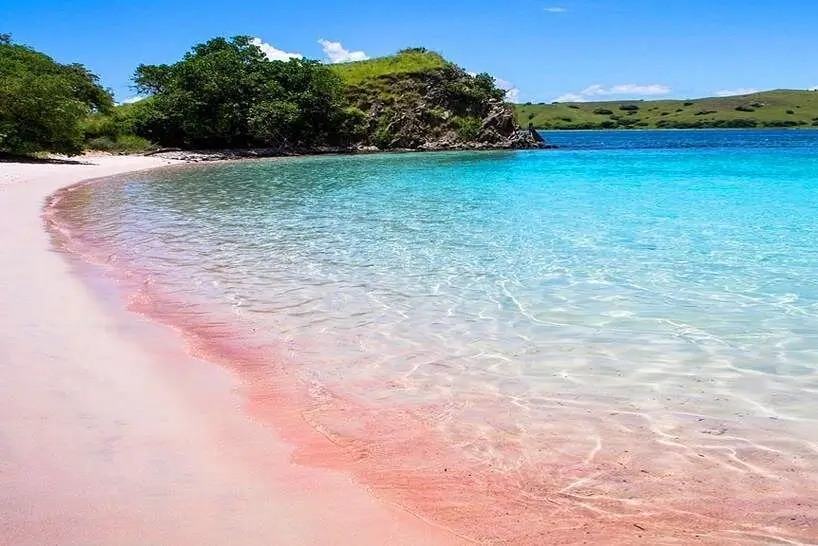 Shades of pink and burnt orange tinge the sandy shoreline of a beach in Zomboanga. Trees, hills, and stone formations could be seen at the background.