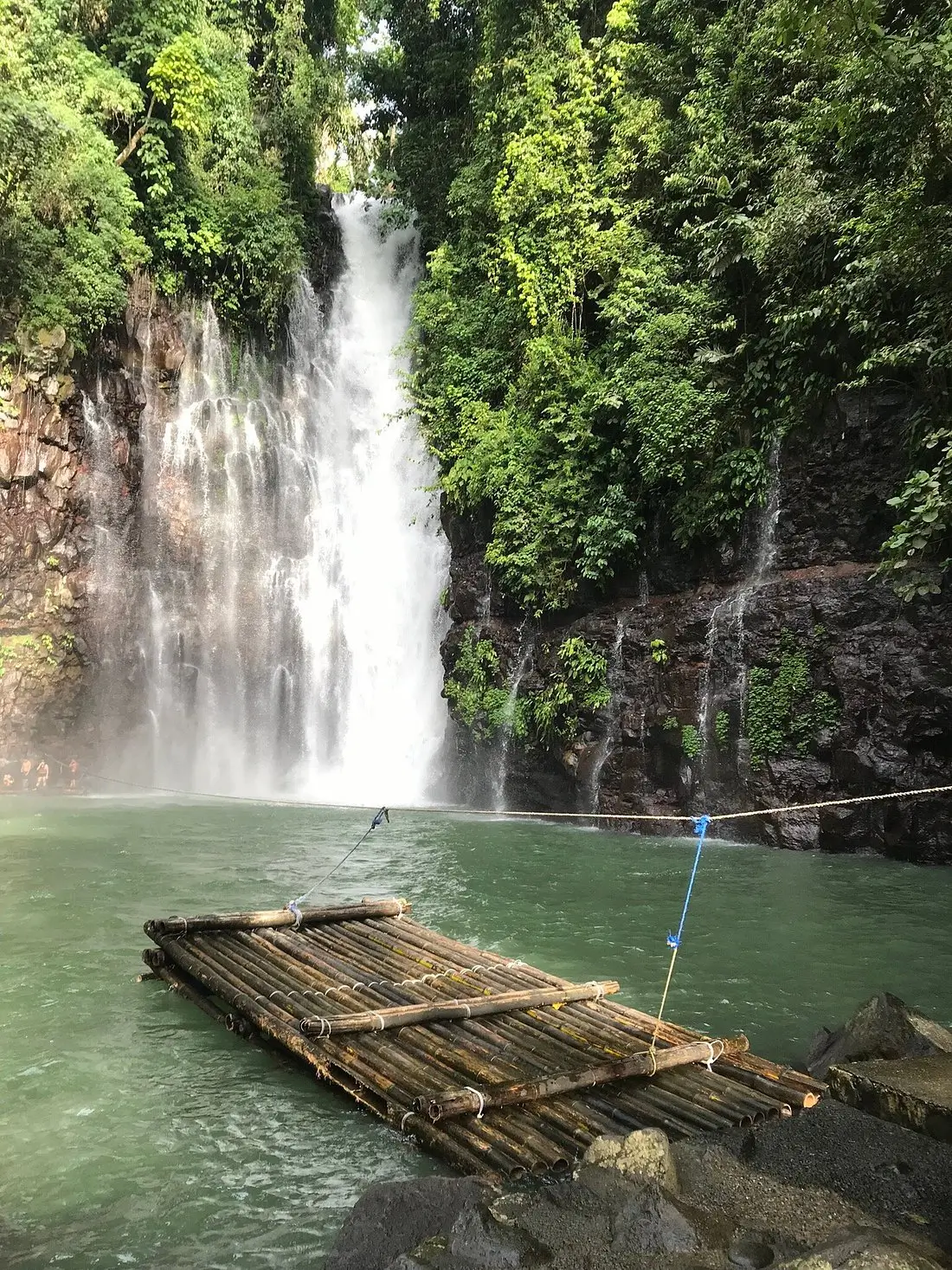 The edge of a bamboo raft can be seen lying on the green surface of the waters from Tinago Falls, one of the many hidden tourist spots in Mindanao.