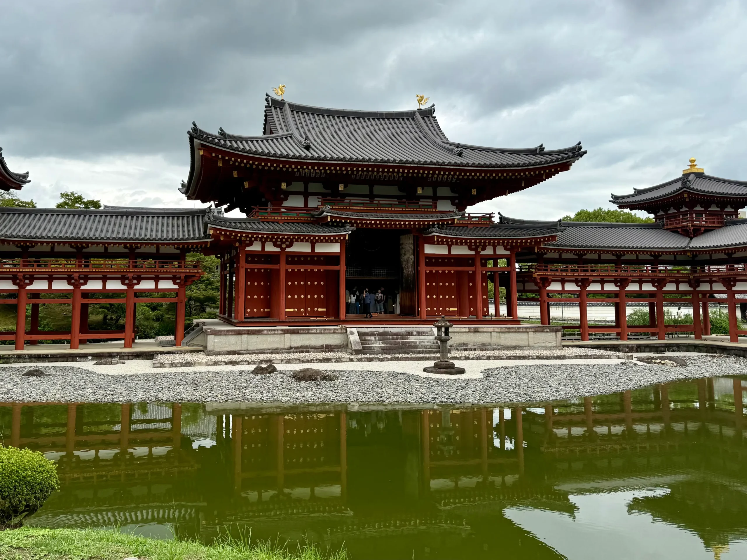 Things to Do in Uji: Byodo-in Temple reflected in the pond on a cloudy day