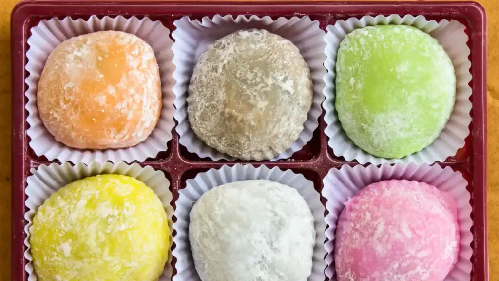 Colorful assortment of Japanese mochi and daifuku, a classic Japanese dessert with soft, chewy texture and sweet fillings.