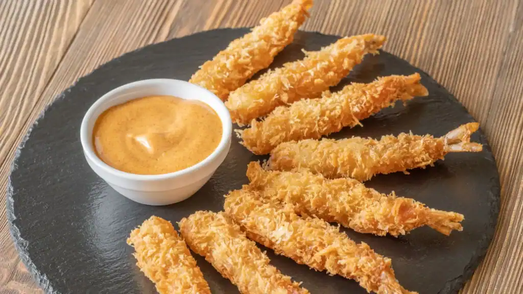 Crispy tempura shrimp served with dipping sauce, a classic Japanese dish known for its light, airy batter. 
