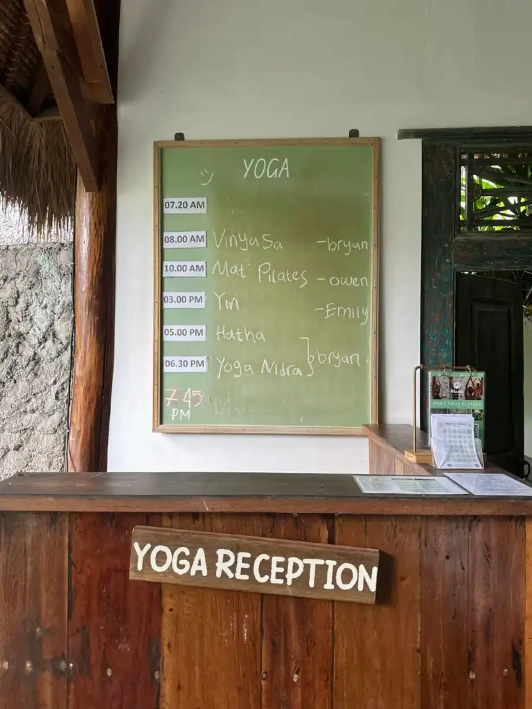 Yoga class schedule at a resort in Kuta Lombok, highlighting wellness and one of the calming things to do in Kuta Lombok