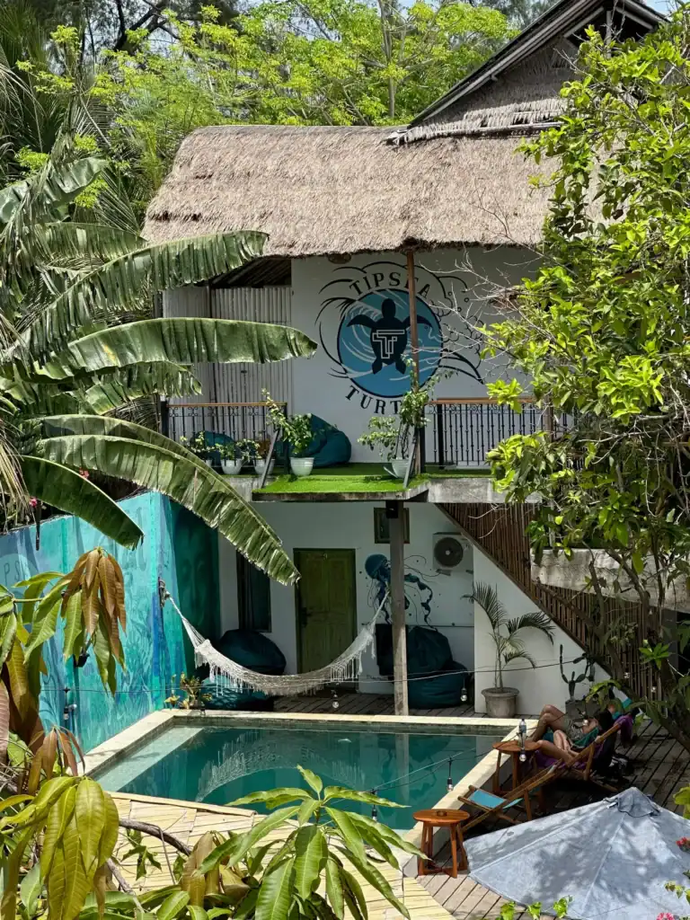 Tipsea Turtle hostel in Gili Air with pool and social spaces, a great base for things to do in Gili Air
