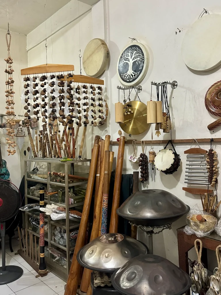 Traditional Balinese musical instruments displayed in a local shop, a cultural and artistic example of things to do in Ubud
