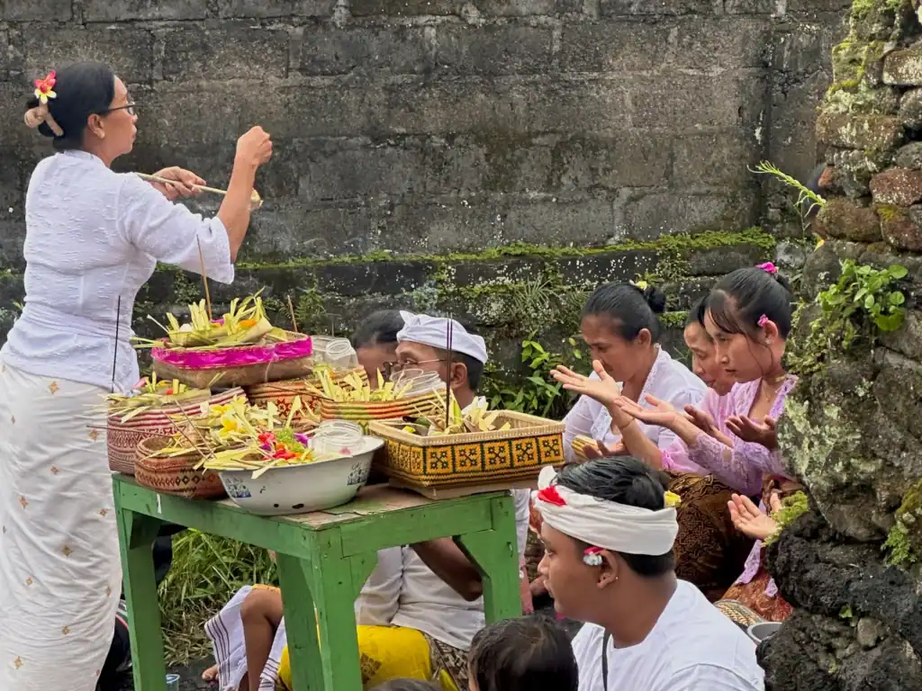 Balinese community members gathered for a traditional Hindu ceremony with woven offerings, incense, and prayers at a local temple, offering a meaningful cultural experience while you volunteer in Bali.
