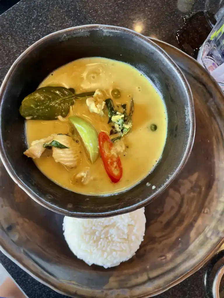 Homemade Thai green curry served with steamed jasmine rice during a Chiang Mai cooking class, featuring chicken, Thai eggplant, basil, kaffir lime leaves, and red chili in a creamy coconut curry.