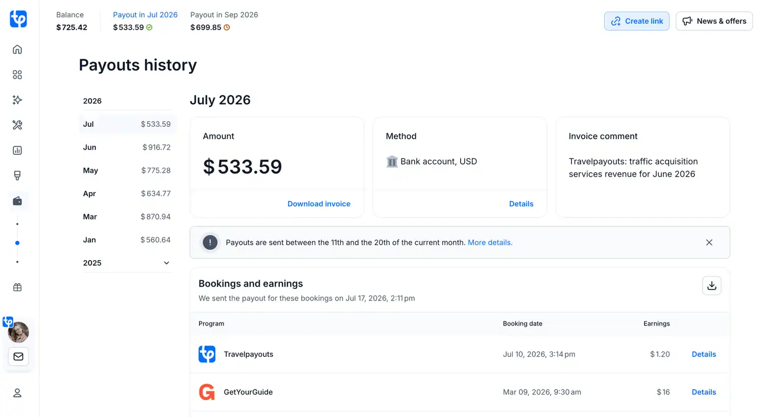 my payouts with Travelpayouts