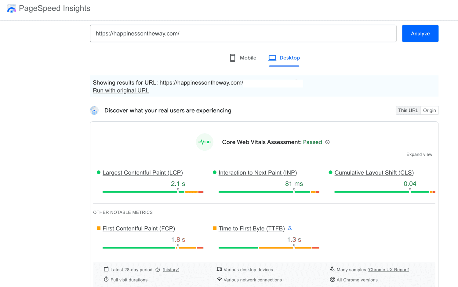 PageSpeed Insights desktop result for a Happiness on the Way post with Travelpayouts Drive running, Core Web Vitals passed