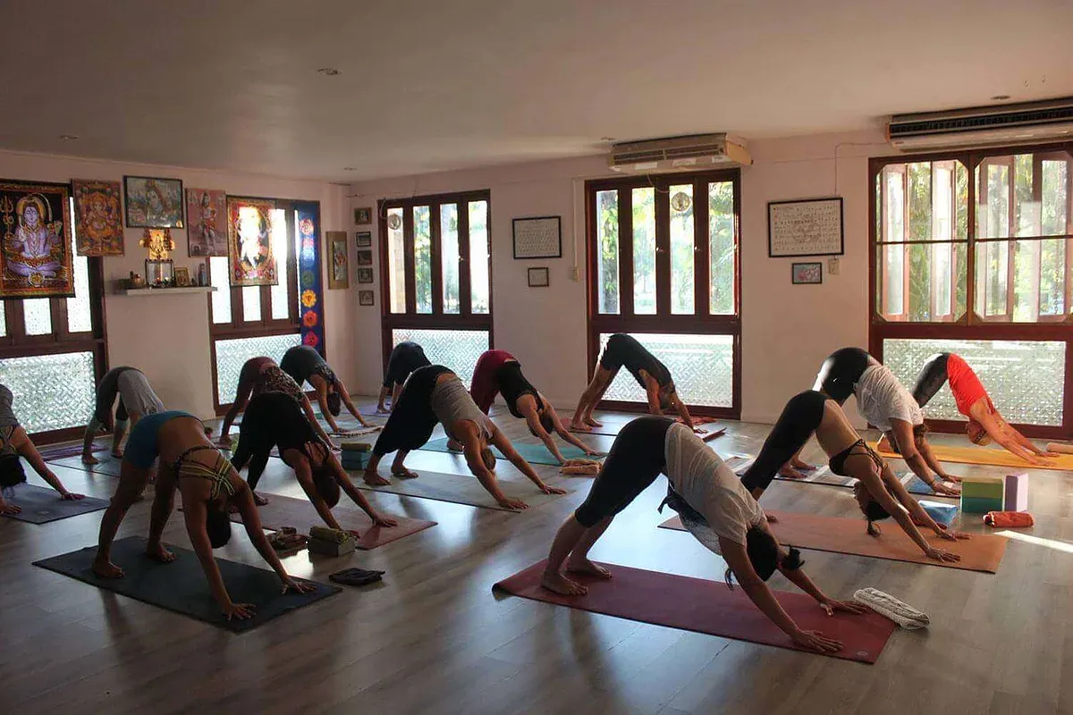Students in downward-facing dog in a yoga shala with large windows during an Ashtanga class in Phuket