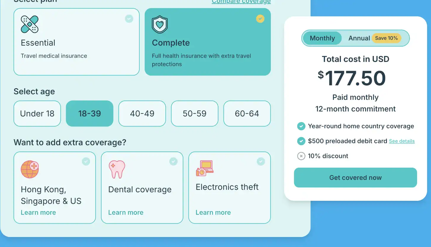 SafetyWing pricing calculator showing Nomad Complete for ages 18 to 39 at $177.50, paid monthly with a 12-month commitment