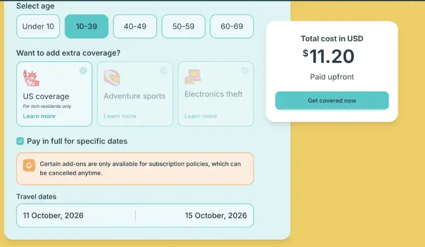 SafetyWing pricing calculator showing Nomad Essential for ages 10 to 39 at $11.20 for 5 days of travel outside the US