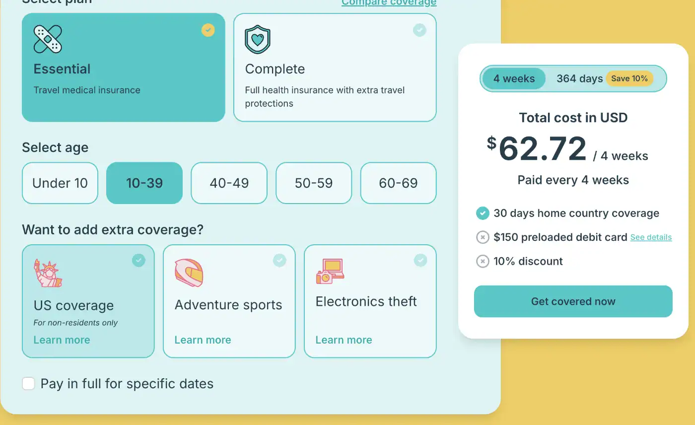 SafetyWing pricing calculator showing Nomad Essential for ages 10 to 39 at $62.72, paid every 4 weeks